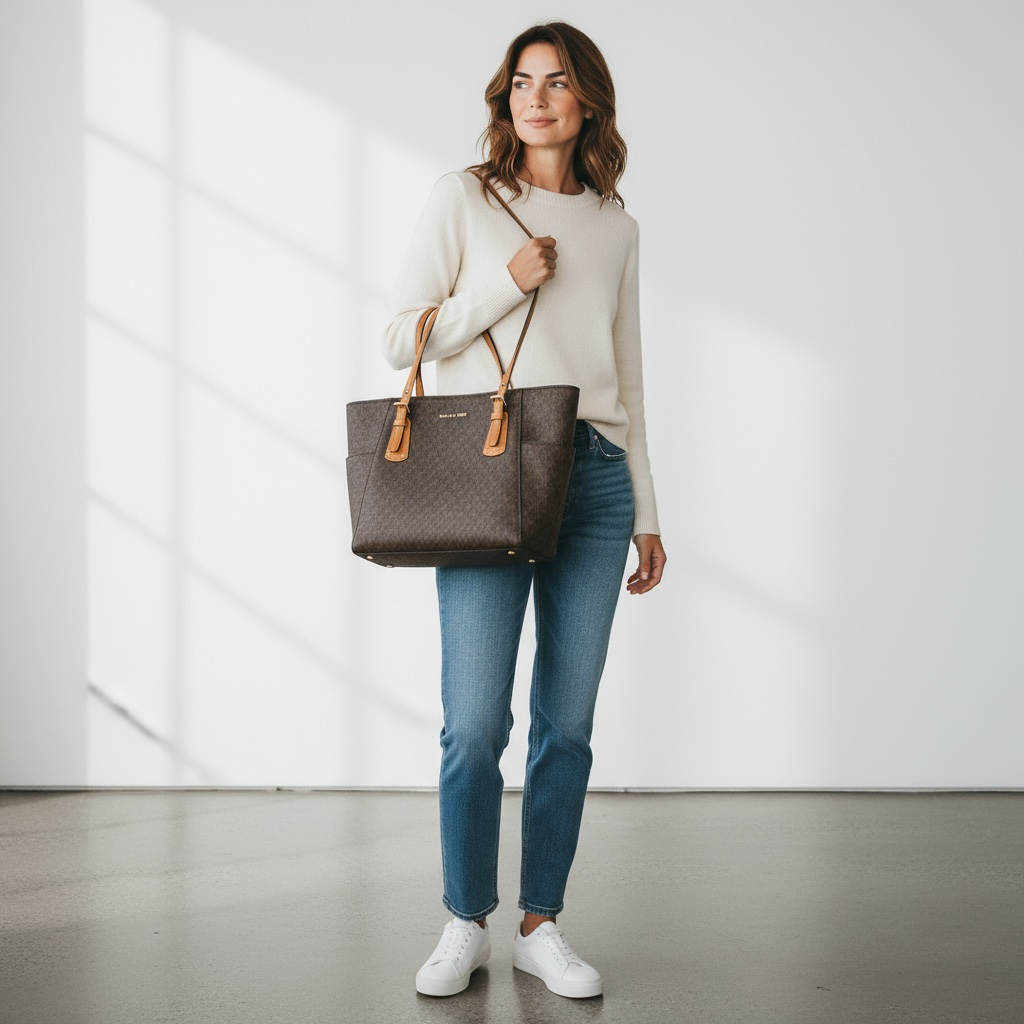 Michael Kors Jet Set Large Tote Brown Logo with Acorn Trim